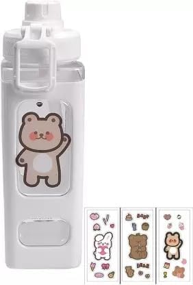 Water Bottle with Straw and Sticker, Kawaii Bear Water Bottle, Large Sport Plastic Portable Square Drinking Bottle for Girl, Cute Juice Tea Water Cups (White), 700 ML