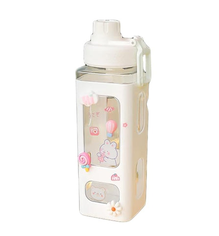 Water Bottle with Straw and Sticker, Kawaii Bear Water Bottle, Large Sport Plastic Portable Square Drinking Bottle for Girl, Cute Juice Tea Water Cups (White), 700 ML