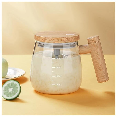 Self Stirring Coffee Mug, 400ml Glass Cup with Lid and Handle, Electric Auto Mixing, Transparent