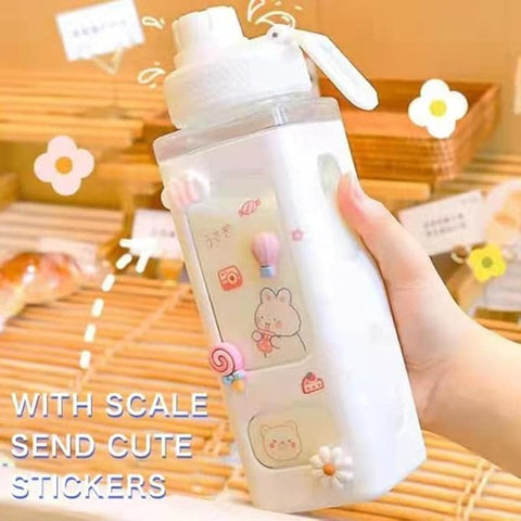 Water Bottle with Straw and Sticker, Kawaii Bear Water Bottle, Large Sport Plastic Portable Square Drinking Bottle for Girl, Cute Juice Tea Water Cups (White), 700 ML