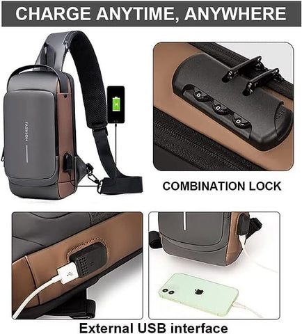 Bag Cross backpack Anti Theft Sling For Men & Women Waterproof Shoulder Body with lock USB Charging Port Cable for Travel Hiking,Gym,Picnic & Daily Use