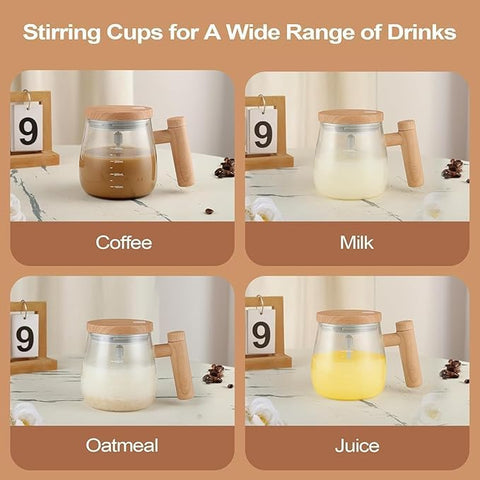 Self Stirring Coffee Mug, 400ml Glass Cup with Lid and Handle, Electric Auto Mixing, Transparent