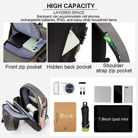 Bag Cross backpack Anti Theft Sling For Men & Women Waterproof Shoulder Body with lock USB Charging Port Cable for Travel Hiking,Gym,Picnic & Daily Use