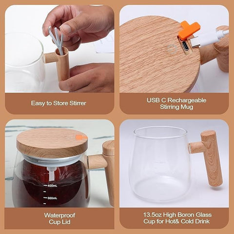 Self Stirring Coffee Mug, 400ml Glass Cup with Lid and Handle, Electric Auto Mixing, Transparent