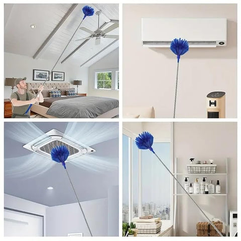 2 In 1 Long Handle Microfiber Ceiling Duster With Cobweb Duster For Dust Cleaning, Extendable Pole 30-100 Inch With Anti Scratch Bendable Head For Cleaning High Stick High Ceiling Fan - Blue