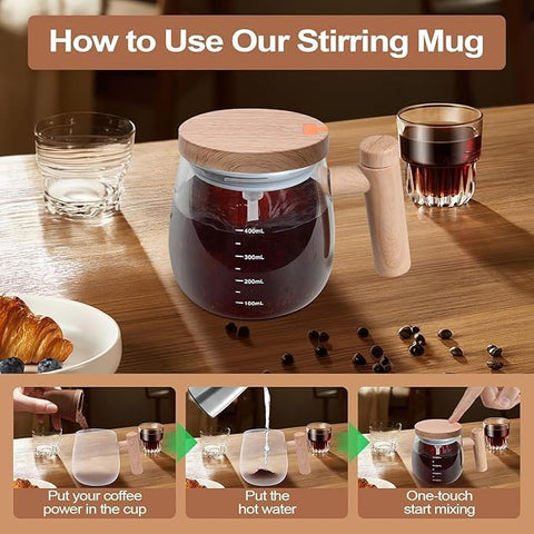 Self Stirring Coffee Mug, 400ml Glass Cup with Lid and Handle, Electric Auto Mixing, Transparent