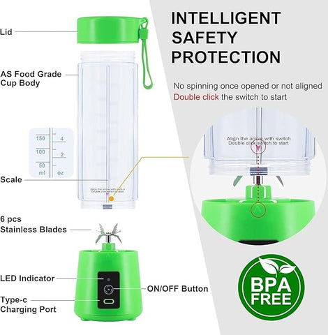 Juicer Mixer Blender For Smoothies & Juices, Rechargeable 6 Blades Mini Bottle Juicer Blender Smoothie Shaker, Electric Travel Juice Maker Fruits Juice Grinder 380ml(Multi), 200 Watts