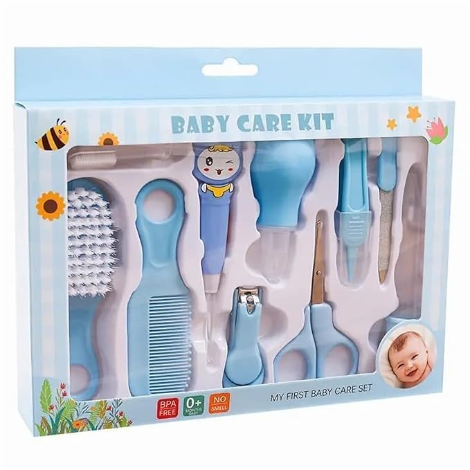 Portable Manicure Grooming Kit for New Born Baby|10 in 1 Healthcare Accessories Set to Keep Infants & Toddlers Clean|Perfect Nursery Gift with Nail, Hair, Ear Grooming Tools for Kids (Blue)