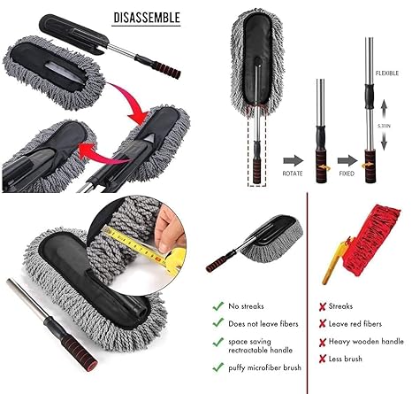 Microfiber Car Cleaning Duster with Long Handle Car Wash Brush Wet & Dry Car Duster, Car Cleaning Brush with Expandable Handle Multipurpose Dusting Brush, Car Accessories Interior