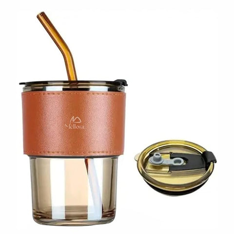 Leather Grip Coffee Tumbler with Glass Straw | Sipper with Lid Anti - Leak Proof for Hot & Cold Beverages | Transparent Travel Cup | Perfect for Office & On-The-Go Use | Brown - 400ml