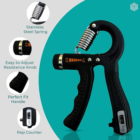 Adjustable Hand Grip Strengthener, Hand Gripper With Counter for Men & Women for Gym Workout Hand Exercise Equipment for Forearm, Finger Exercise Power Gripper - 60kg,Alloy Steel,Black