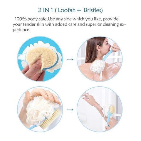 Bliss Times 2 in 1 Body Brush - Back Body Loofah Brush Curved Long Handled with Bristles Back Scrubber for Improve Skin Exfoliating Bath, Massage, Wet or Dry Brushing Back Scrubber for Shower