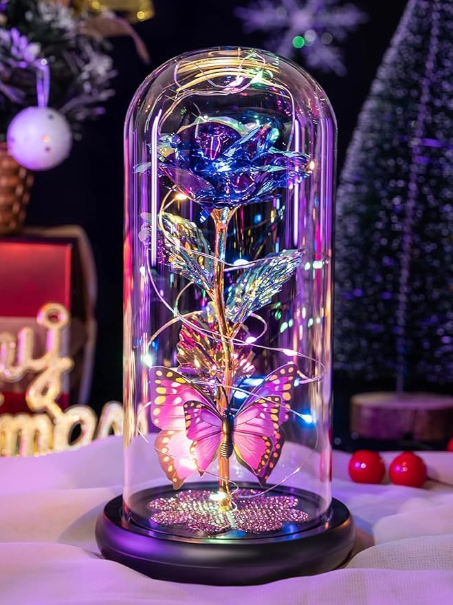 Rose Flower Gift Diamond Base, Galaxy Glass Rose Forever Eternal Crystal Flower Light Up Rose in Glass Dome with Butterfly Birthday Valentine Gifts for Women Daughter Mom Wife Girlfriend.