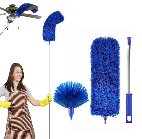 2 In 1 Long Handle Microfiber Ceiling Duster With Cobweb Duster For Dust Cleaning, Extendable Pole 30-100 Inch With Anti Scratch Bendable Head For Cleaning High Stick High Ceiling Fan - Blue