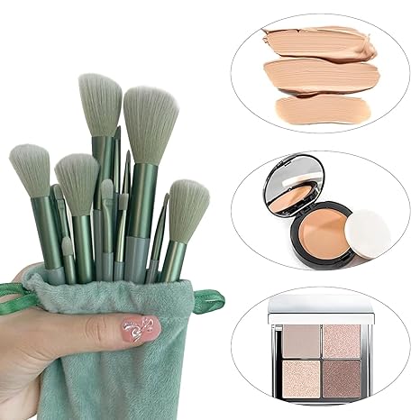 13 Pcs Makeup Brushes Set, Foundation Powder Concealer Eyeshadow Blush Highlighter Eyebrow Brush Make up Brush Set, Travel Makeup Brushes with Cloth Bag for Beginner and Makeup Artist (Green)
