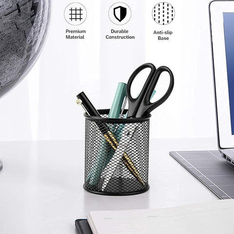 Pen Holder Mesh Pencil Holder Durable Metal Pencil Holder for Office Desk Round Black Pen Organizer 4 Pack