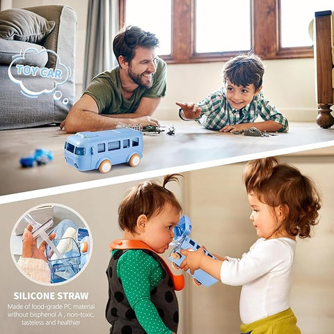 Cartoon Car Straw Water Cup,Detachable Bus Water Bottle Shoulder Strap Leak-Proofsmall Drinking Cup,Cute Water Jug Toy Locking Flip Lid Water Kettle For Kids-Blue(Blue)-Plastic,500 Ml