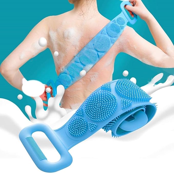 Silicone Body Back Scrubber - Blue Double Side Bathing Brush for Skin Deep Cleaning Massage | Dead Skin Removal Exfoliating Belt for Shower| Back Body Scruber