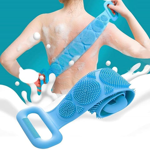 Silicone Body Back Scrubber - Blue Double Side Bathing Brush for Skin Deep Cleaning Massage | Dead Skin Removal Exfoliating Belt for Shower| Back Body Scruber
