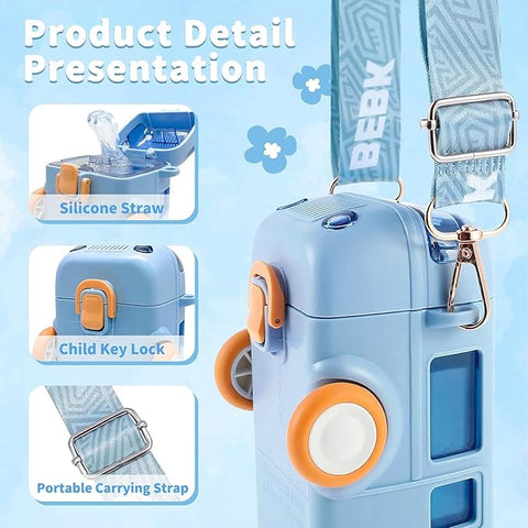 Cartoon Car Straw Water Cup,Detachable Bus Water Bottle Shoulder Strap Leak-Proofsmall Drinking Cup,Cute Water Jug Toy Locking Flip Lid Water Kettle For Kids-Blue(Blue)-Plastic,500 Ml
