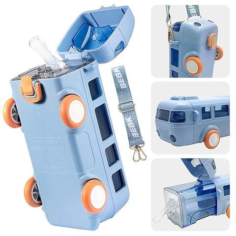Cartoon Car Straw Water Cup,Detachable Bus Water Bottle Shoulder Strap Leak-Proofsmall Drinking Cup,Cute Water Jug Toy Locking Flip Lid Water Kettle For Kids-Blue(Blue)-Plastic,500 Ml