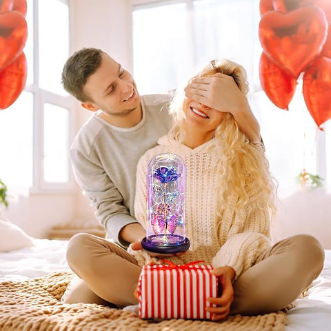 Rose Flower Gift Diamond Base, Galaxy Glass Rose Forever Eternal Crystal Flower Light Up Rose in Glass Dome with Butterfly Birthday Valentine Gifts for Women Daughter Mom Wife Girlfriend.