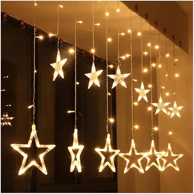 Star Curtain LED String Lights – 138 LED, 8 Flash Modes, Warm White Copper Wire Fairy Lights for Window, Wall, Garden, Diwali, Christmas, Wedding & Home Decoration (3 Meter)