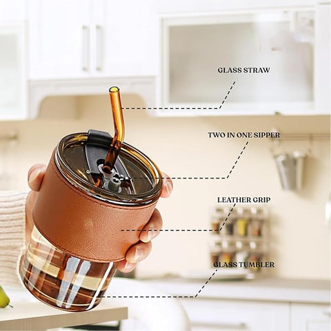 Leather Grip Coffee Tumbler with Glass Straw | Sipper with Lid Anti - Leak Proof for Hot & Cold Beverages | Transparent Travel Cup | Perfect for Office & On-The-Go Use | Brown - 400ml