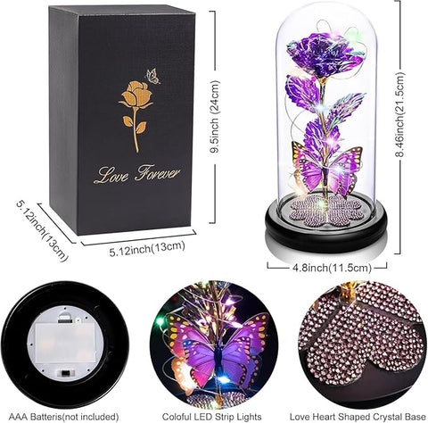 Rose Flower Gift Diamond Base, Galaxy Glass Rose Forever Eternal Crystal Flower Light Up Rose in Glass Dome with Butterfly Birthday Valentine Gifts for Women Daughter Mom Wife Girlfriend.