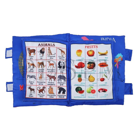 Learning Cushion Pillow Book for Kids with 2 Languages Learn - English and Hindi, Activity Play, Soft Cloth Book Baby Pillow Toys,(Cushion Blue)