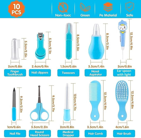 Portable Manicure Grooming Kit for New Born Baby|10 in 1 Healthcare Accessories Set to Keep Infants & Toddlers Clean|Perfect Nursery Gift with Nail, Hair, Ear Grooming Tools for Kids (Blue)