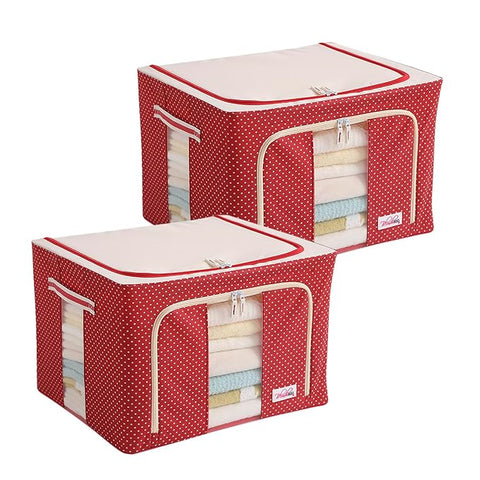 abric Living Box Wardrobe Organizer, Cloth Storage Bags with Zip (66 L, Polka Dots Red) - Pack of 2
