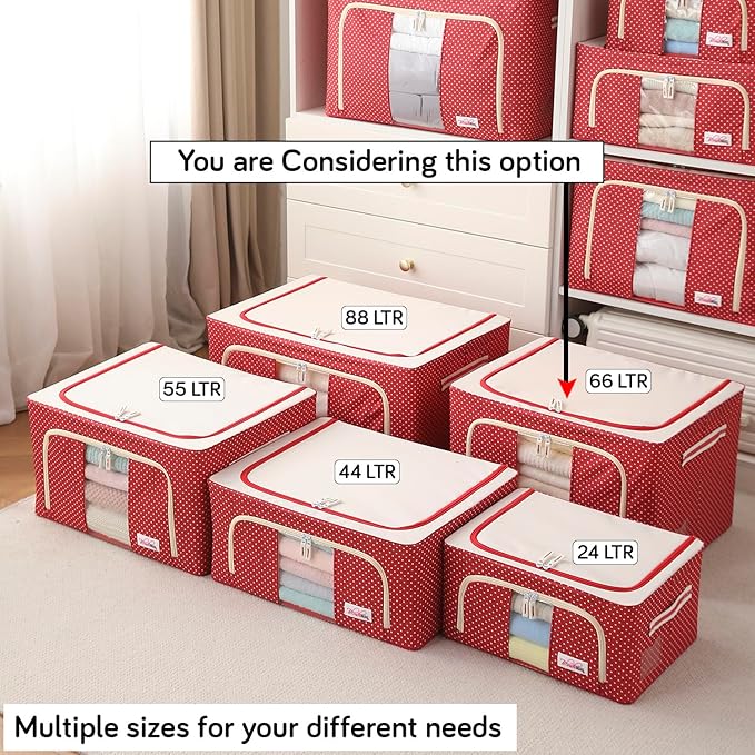 abric Living Box Wardrobe Organizer, Cloth Storage Bags with Zip (66 L, Polka Dots Red) - Pack of 2