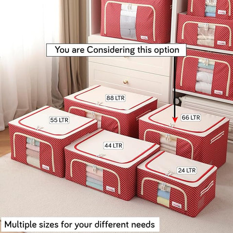 abric Living Box Wardrobe Organizer, Cloth Storage Bags with Zip (66 L, Polka Dots Red) - Pack of 2