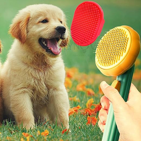 Self Cleaning Dog Comb & Cat Comb - Pet Hair Remover Grooming Comb with Switch & PAIN - FREE Slickers | Deshedding Dog Brush & Cat Brush To Gently Massage The Pets with FREE Bath Brush