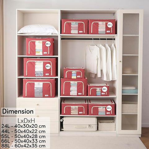 abric Living Box Wardrobe Organizer, Cloth Storage Bags with Zip (66 L, Polka Dots Red) - Pack of 2