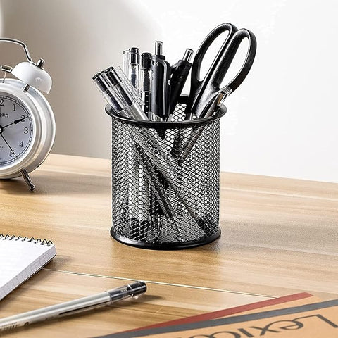 Pen Holder Mesh Pencil Holder Durable Metal Pencil Holder for Office Desk Round Black Pen Organizer 4 Pack