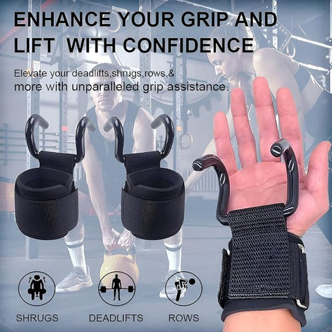 2Pcs Weight Lifting Hooks, Adjustable Wrist Support Straps for Enhanced Grip Strength Metal Dual Hook, Heavy Duty Power Wrist Straps Hand Support for Deadlifts & Pull-Ups, Gym Hook Straps for Men & Women (Black)