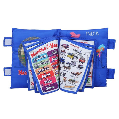 Learning Cushion Pillow Book for Kids with 2 Languages Learn - English and Hindi, Activity Play, Soft Cloth Book Baby Pillow Toys,(Cushion Blue)