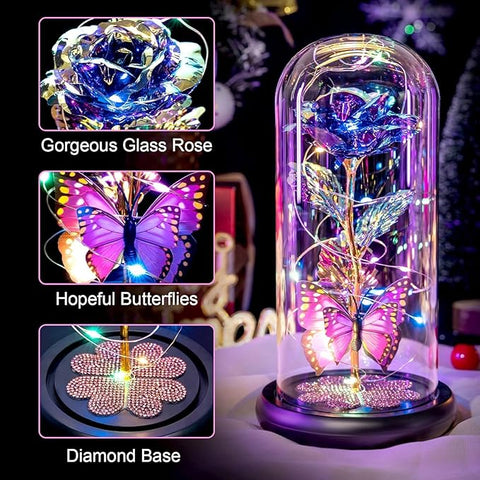 Rose Flower Gift Diamond Base, Galaxy Glass Rose Forever Eternal Crystal Flower Light Up Rose in Glass Dome with Butterfly Birthday Valentine Gifts for Women Daughter Mom Wife Girlfriend.