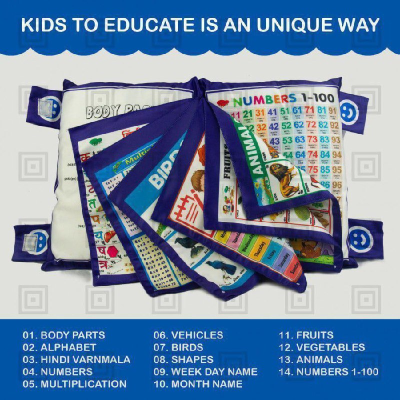 Learning Cushion Pillow Book for Kids with 2 Languages Learn - English and Hindi, Activity Play, Soft Cloth Book Baby Pillow Toys,(Cushion Blue)