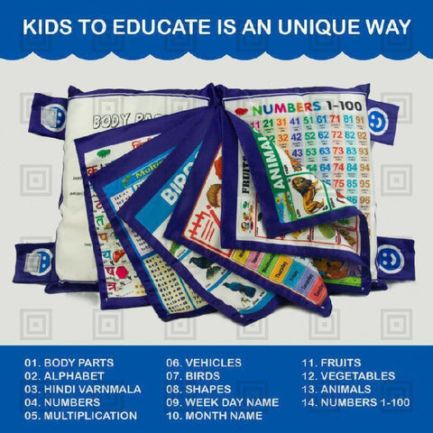 Learning Cushion Pillow Book for Kids with 2 Languages Learn - English and Hindi, Activity Play, Soft Cloth Book Baby Pillow Toys,(Cushion Blue)