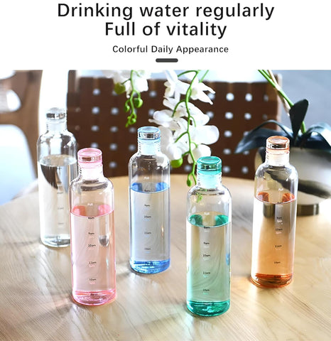 Glass Borosilicate Water Bottles, H2O Fridge Water Bottle With Cap, Leak Proof & Airtight Lid, Water Bottle For Office, School, College - 500ML Bottles With Time Marker (Blue 500ML)