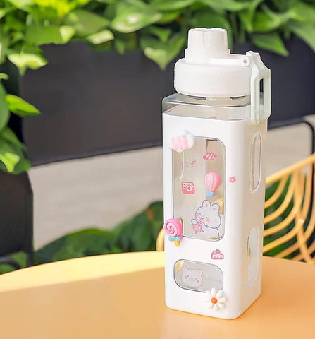 Water Bottle with Straw and Sticker, Kawaii Bear Water Bottle, Large Sport Plastic Portable Square Drinking Bottle for Girl, Cute Juice Tea Water Cups (White), 700 ML